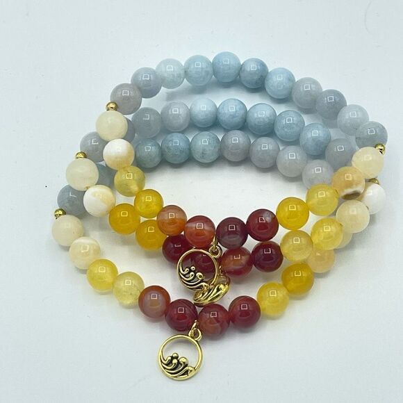Ocean wave carnelian yellow agate honey calcite aquamarine beaded stretch bracel - Picture 9 of 16